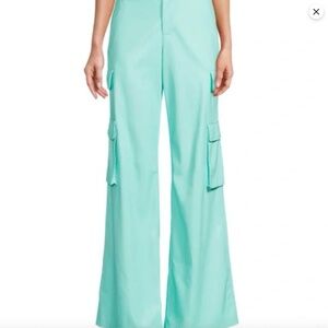 Alice + Olivia Hayes Vegan Leather Aqua Cargo Wide Leg Pants Size 0 FLAW!